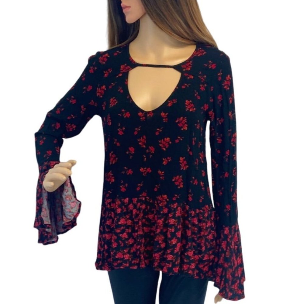 Mossimo Supply Black Red Floral Ruffled Boho Bell Blouse